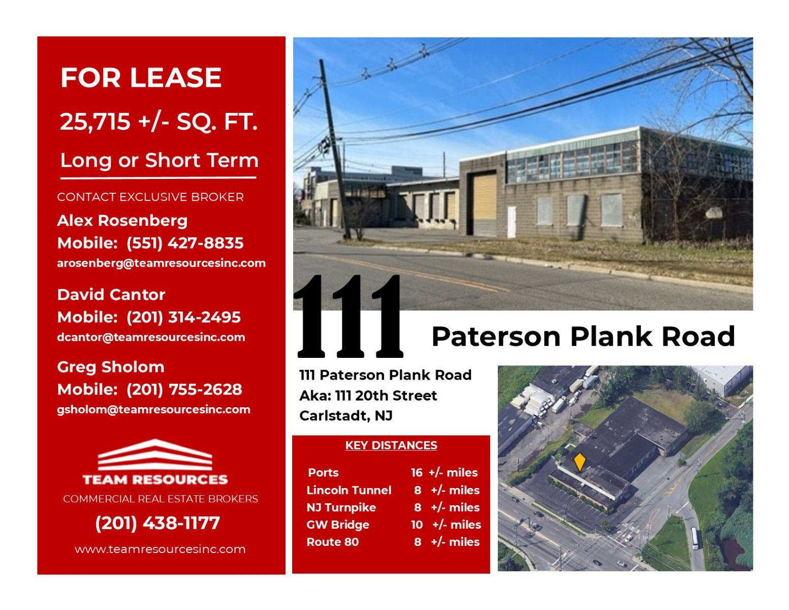 FOR LEASE +/ 25,715 SQ. FT. AT 111 PATERSON PLANK ROAD IN CARLSTADT